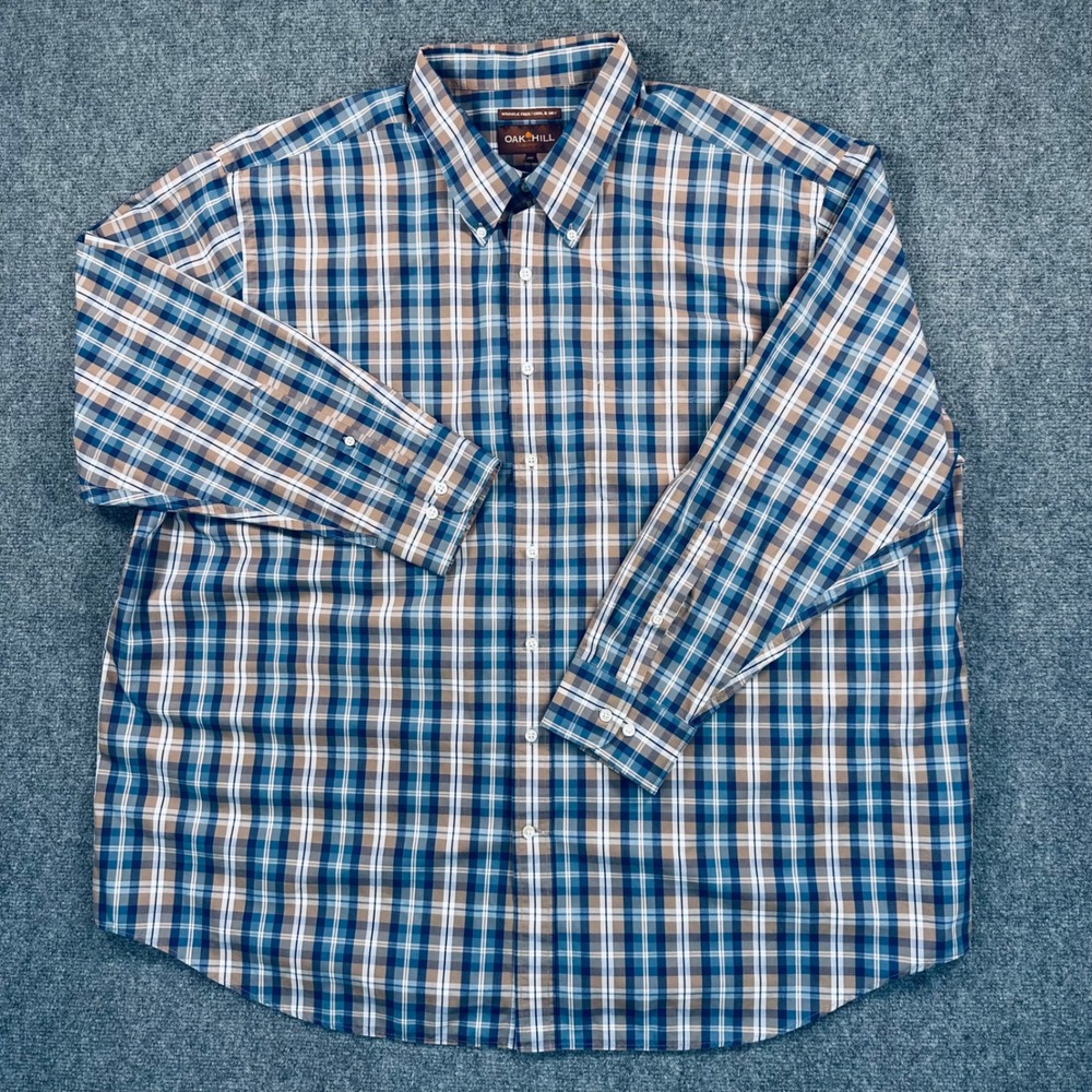 Oak Hill Men's 3XL Blue Tan Plaid WRINKLE FREE Button Down Shirt Cool Dry Cotton - Picture 2 of 12
